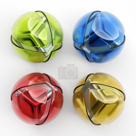 Foto de 3D illustration of a   four colorful  lighting    balls  with many faces, crystals scatter on a white background.  Cyber ball sphere - Imagen libre de derechos
