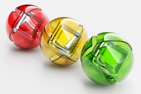 Téléchargez les photos : 3D illustration of a   three colorful  lighting    balls  with many faces, crystals scatter on a white background.  Cyber ball sphere - en image libre de droit