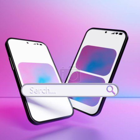 Photo for 3D illustration of a mobile phone with a search bar on a pink background with geometric shapes. Internet search using smartphone. - Royalty Free Image