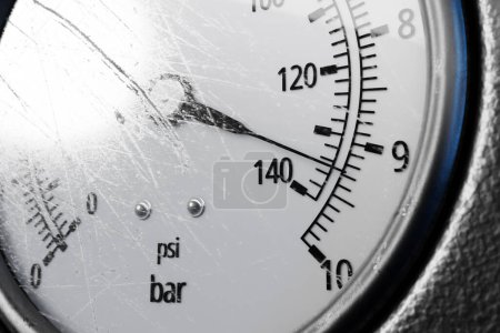 Foto de Round temperature gauge isolated on a black panel. Circular barometer or indicator template. 3d illustration - Imagen libre de derechos