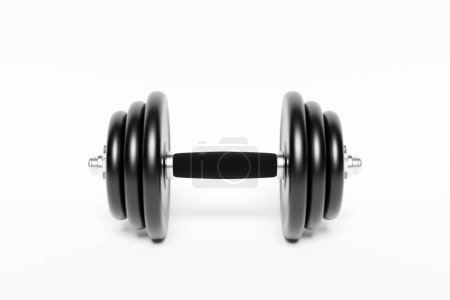 Foto de 3D illustration  metal black dumbbell with disks on white background. Fitness and sports equipment - Imagen libre de derechos