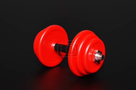 Photo for 3d render illustration of a dumbbell with  red  plates, isolated on black background. Creative concept. - Royalty Free Image
