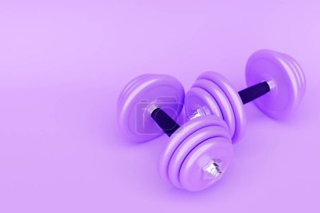 Photo for 3D illustration  metal  purple dumbbell with disks on purple background. Fitness and sports equipment - Royalty Free Image