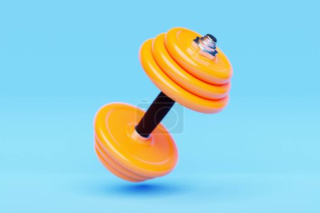 Téléchargez les photos : 3D illustration  metal orange  dumbbell with disks on  blue  background. Fitness and sports equipment - en image libre de droit