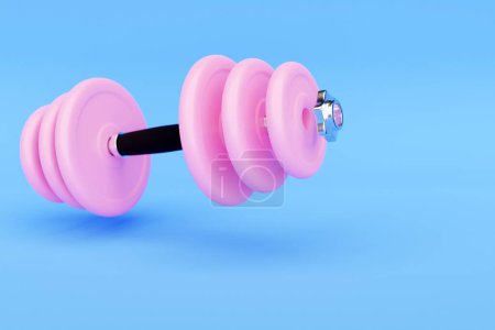 Photo for 3D illustration  metal pink dumbbell with disks on  blue background. Fitness and sports equipment - Royalty Free Image