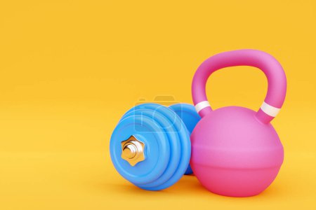 Foto de 3D illustration   colorful dumbbell with  weight on   yellow background. Fitness and sports equipment - Imagen libre de derechos