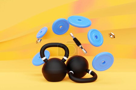 Téléchargez les photos : Two heavy blue metal kettlebells and a disassembled dumbbell with plates on a yellow background. The concept of successful training and improvements in sports. 3D illustration - en image libre de droit