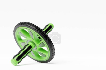 Photo for 3D illustration, Manual green compact two-wheeled roller with handles for training the press. Home and sports gymnastic equipment for the abdominal muscles. - Royalty Free Image