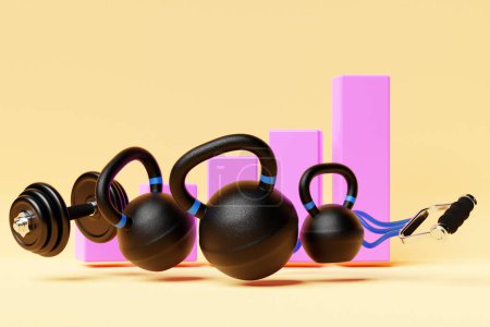 Photo for 3D illustration, black dumbbells, kettlebells, and fitness bands against the background of a growth graph - Royalty Free Image