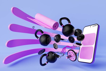 Photo for 3D colorful illustration of a modern smartphone with a panel with sports equipment: kettlebells, dumbbells, sports rubber, mat, gymnastic roller. The concept of communication sports applications, online workouts - Royalty Free Image