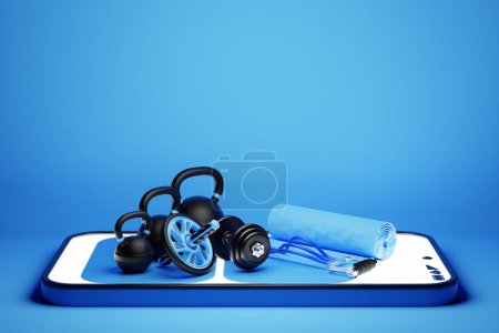 Photo for 3D colorful illustration of a modern smartphone with a panel with sports equipment: kettlebells, dumbbells, sports rubber, mat, gymnastic roller. The concept of communication sports applications, online workouts - Royalty Free Image