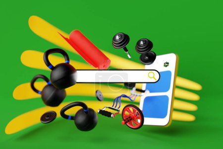 Foto de 3D colorful illustration of a modern smartphone with a panel with sports equipment: kettlebells, dumbbells, sports rubber, mat, gymnastic roller. The concept of communication sports applications, online workouts - Imagen libre de derechos