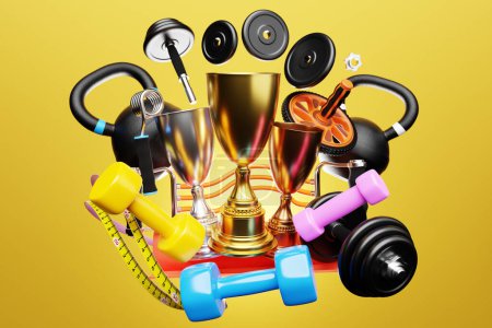 Foto de 3D illustration, sports cups on the background of kettlebells, dumbbells, an iron arm expander or resistance band, fitness rubber bands and other sports equipment. 3D visualization of the award for sports achievements - Imagen libre de derechos