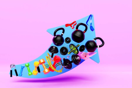 Téléchargez les photos : 3d illustration of sports equipment for the gym or for home workouts. Fitness and healthy lifestyle. Multi-colored dumbbells, weights, an alarm clock, sports elastic bands, a gymnastic roller and other equipment - en image libre de droit