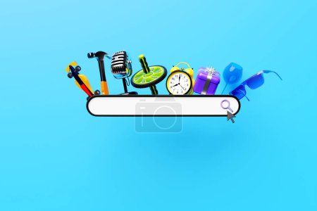 Photo for 3D illustration, search bar design element with  different equipment: dumbbells, singlasses, car, hammer, microphone, clock, present. Search bar for website and user interface, mobile applications. - Royalty Free Image