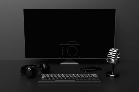 Photo for 3d illustration, close up of the realistic computer or laptop keyboard , microphone, phone, headphones keyboard with LED backlit - Royalty Free Image
