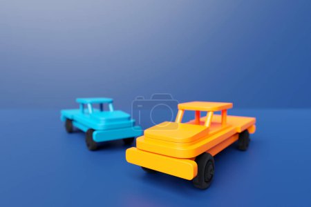 Téléchargez les photos : Pickup wooden  yellow and blue cars design on  blue background. 3d illustration - en image libre de droit