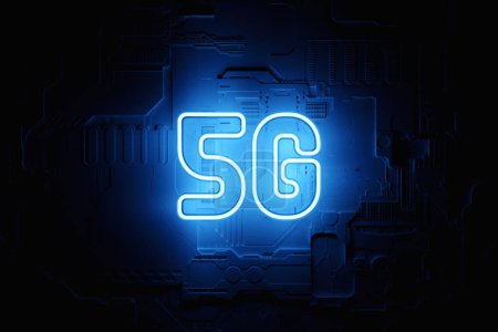Téléchargez les photos : 3D illustration of a 5G  blue neon  icon  on a  black background.  icon for mobile phone or smart device. 5G Illustration  for business and technology, speed, signal, network, big data - en image libre de droit