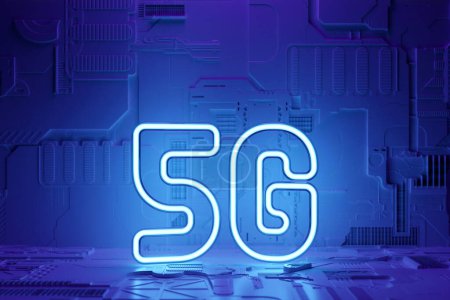 Photo for 3D illustration of a 5G  blue neon  icon  on a  black background.  icon for mobile phone or smart device. 5G Illustration  for business and technology, speed, signal, network, big data - Royalty Free Image