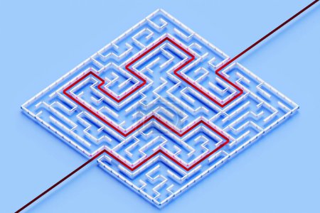 Photo for 3D rendering. Blue volumetric labyrinth with the correct red path on a white background. Geometric pattern. Abstract illusory endless ornament texture - Royalty Free Image
