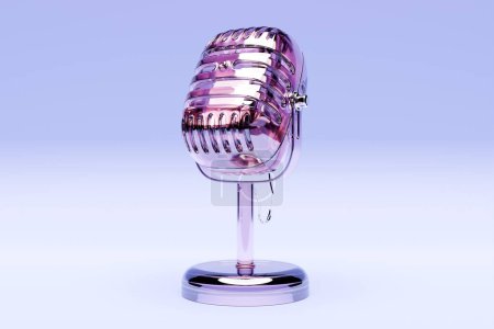 Téléchargez les photos : Pink transparent  microphone icon on a blue  background, close-up view. Live show, music recording, entertainment concept. 3d illustration - en image libre de droit