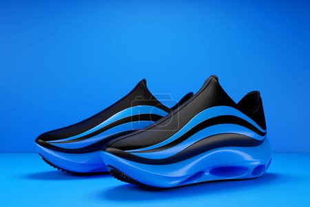 Photo for 3d illustration  blue and black   new sports sneakers  on a huge foam sole on  blue isolated background , sneakers in an ugly style. Fashionable sneakers. - Royalty Free Image