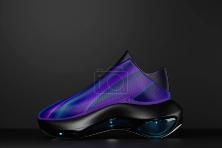 Téléchargez les photos : Comfortable sports unisex sneakers in purple canvas with high black soles. 3d illustration - en image libre de droit