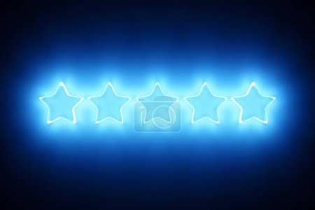 Foto de 3d illustration 5 blue stars stands in a row on black isolated background. The concept of evaluation of restaurants, hotels and others. First-class star rating - Imagen libre de derechos