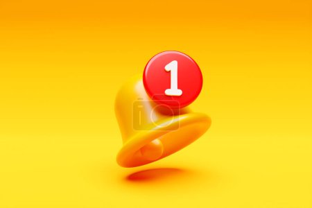 Téléchargez les photos : 3D illustration of a yellow bell with a new social media reminder notification on yellow background. - en image libre de droit