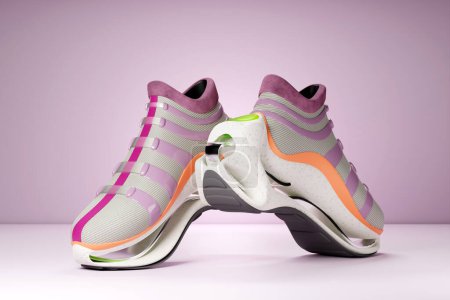 Foto de 3D illustration of a concept shoe for the metaverse. Colorful  sports boot sneaker on a high platform. - Imagen libre de derechos