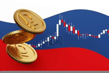 Téléchargez les photos : Golden coins with ruble sign isolated on national flag background. Income concept. 3D rendering. - en image libre de droit