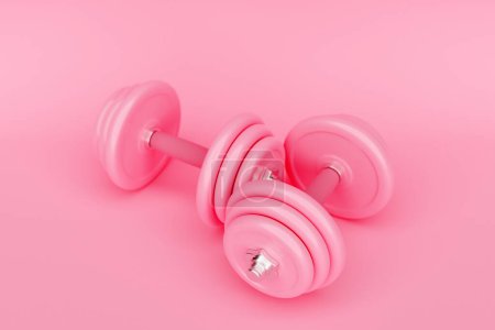 Téléchargez les photos : Shiny pink  iron dumbbells on pink  isolated background. 3D rendering - en image libre de droit