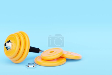 Photo for Yellow  dumbbells with disassembled plates on    blue  isolated background. 3D rendering - Royalty Free Image