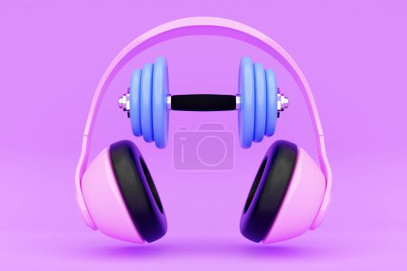 Photo for Pink  classic wireless headphones  and dumbell  isolated 3d rendaring.  Headphone icon illustration. Sport equipment - Royalty Free Image