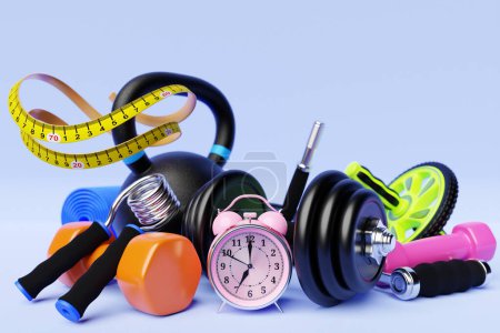 Photo for 3D illustration, iron arm expander or resistance band, fitness elastic bands, dumbbells, alarm clock on a blue background. 3D rendering of sports equipment for fitness and powerlifting. Time to do sports - Royalty Free Image