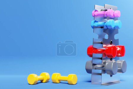 Téléchargez les photos : 3d illustration multi-colored dumbbells lie on the shelves in accordance with the weight on a metal shelf on a blue background. Strength training equipment or weight loss concept. - en image libre de droit