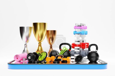 Photo for 3D colorful illustration of a modern smartphone with a panel with sports equipment, winners cup. 3D visualization of the award for sports achievements - Royalty Free Image