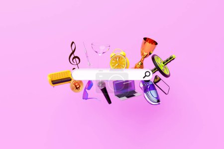 Photo for 3D illustration, search bar design element with  different equipment:  roller, winner cup, sunglasses,  sofa, glasses, microphone,music clef, clock, present, sofa and other. Search bar for website and user interface, mobile applications. - Royalty Free Image
