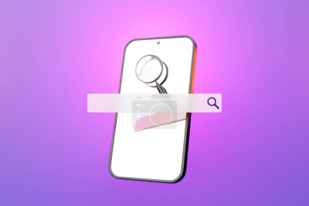 Téléchargez les photos : 3D illustration of a mobile phone with a search bar on a pink background with geometric shapes. Internet search using smartphone. - en image libre de droit