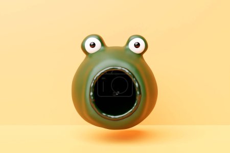 Téléchargez les photos : Illustration 3D d'un monstre grenouille verte à bouche ouverte sur fond jaune. Monstre mignon pour la conception des enfants - en image libre de droit