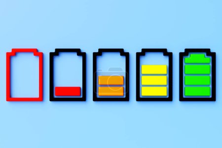 Foto de Ilustración 3D de un primer plano de baterías multicolores sobre un fondo azul. Una forma insegura de usar energía. - Imagen libre de derechos