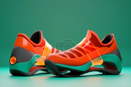Téléchargez les photos : 3D illustration of a concept shoe for the metaverse. Colorful  red and green sports boot sneaker on a high platform. - en image libre de droit