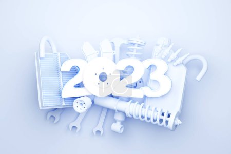 Photo for 3d illustration design happy new year 2023 with auto parts for auto mechanic service concept isolated on blue background. - Royalty Free Image