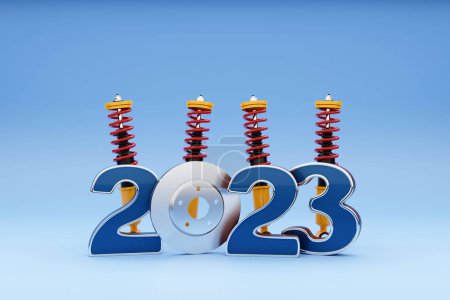 Téléchargez les photos : 3d illustration of happy new year 2023 greeting card: new year banner with brake pads and  car shock absorber. The concept of the new year and Christmas in the automotive field. - en image libre de droit