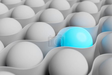 Photo for 3d illustration geometric volumetric figure of a  white and blue  glowing balls with a white ribbon around them. one item different from others - Royalty Free Image