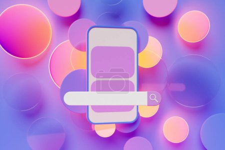 Foto de 3D illustration of a mobile phone with a search bar on a purple  background with geometric shapes. Internet search using smartphone. - Imagen libre de derechos