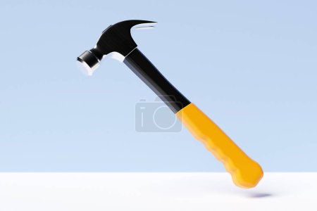 Téléchargez les photos : 3D illustration of a metal hammer with a yellow handle hand tool isolated on a white background. 3D render and illustration of repair and installation tool - en image libre de droit