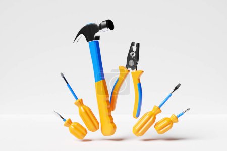 Téléchargez les photos : 3D illustration of a metal hammer with a yellow handle, screwdrivers, pliers hand tools isolated on a white background. 3D render and illustration of repair and installation tool - en image libre de droit