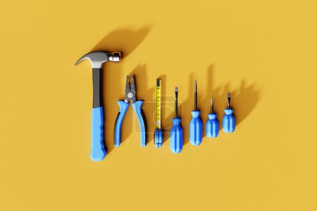 Foto de 3D illustration screwdriver, hammer, pliers, screws, etc. for handmade. Various working tools. Construction, construction, renovation concept. - Imagen libre de derechos
