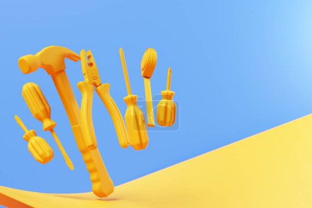 Téléchargez les photos : 3D illustration yellow hand tools: screwdriver, hammer, pliers, screws, etc. for handmade. Various working tools. Construction, construction, renovation concept. - en image libre de droit